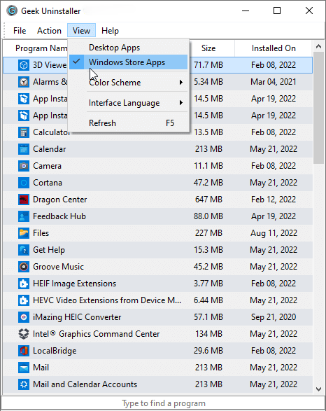 Меню «Вид» с выбранным пунктом приложений Microsoft Store